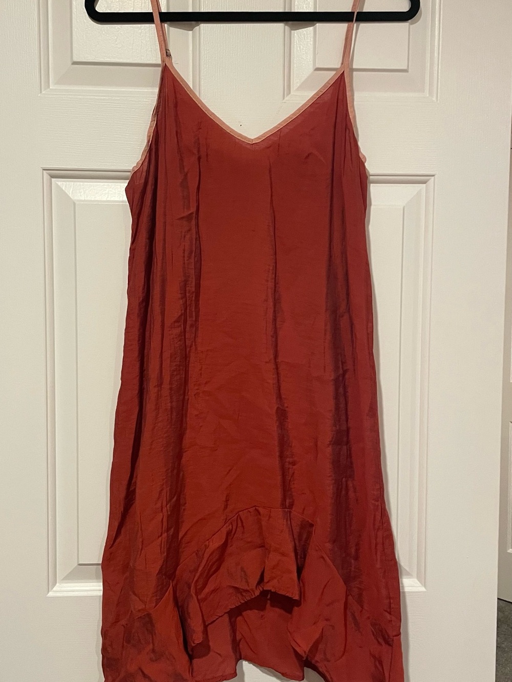Rust Red Satin Slip Dress with Pink Trim